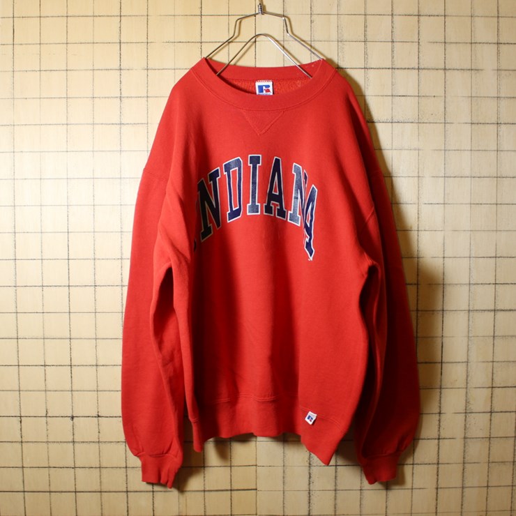 90s USA製 RUSSELL ATHLETIC 古着 カレッジプリント スウェット レッド トレーナー メンズL INDIANA