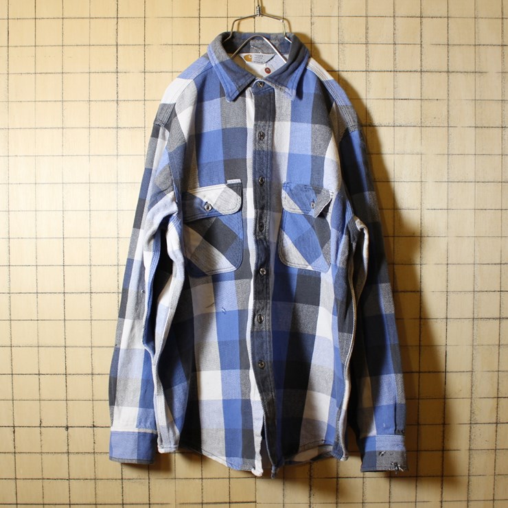 古着 カーハート carhartt ブルー ホワイト チェック ヘビーネルシャツ 長袖 メンズM相当 アウトドア ワークシャツ