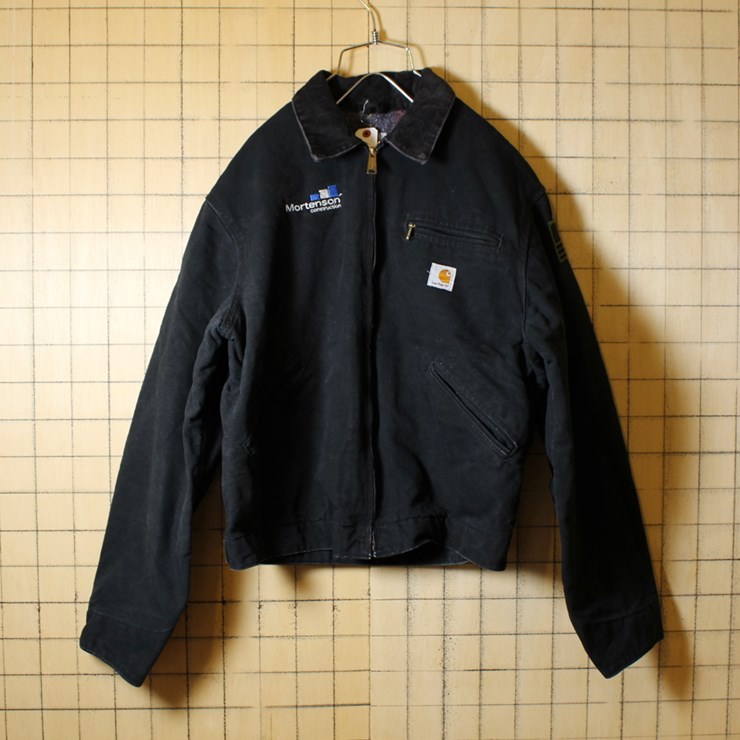 USA製 Carhartt カーハート 古着 ブラック 裏地ブランケット ダックジャケット メンズML相当 刺繍 aw36