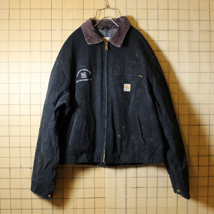 USA製 Carhartt カーハート 古着 ブラック 裏地ブランケット ダックジャケット メンズXL相当 刺繍