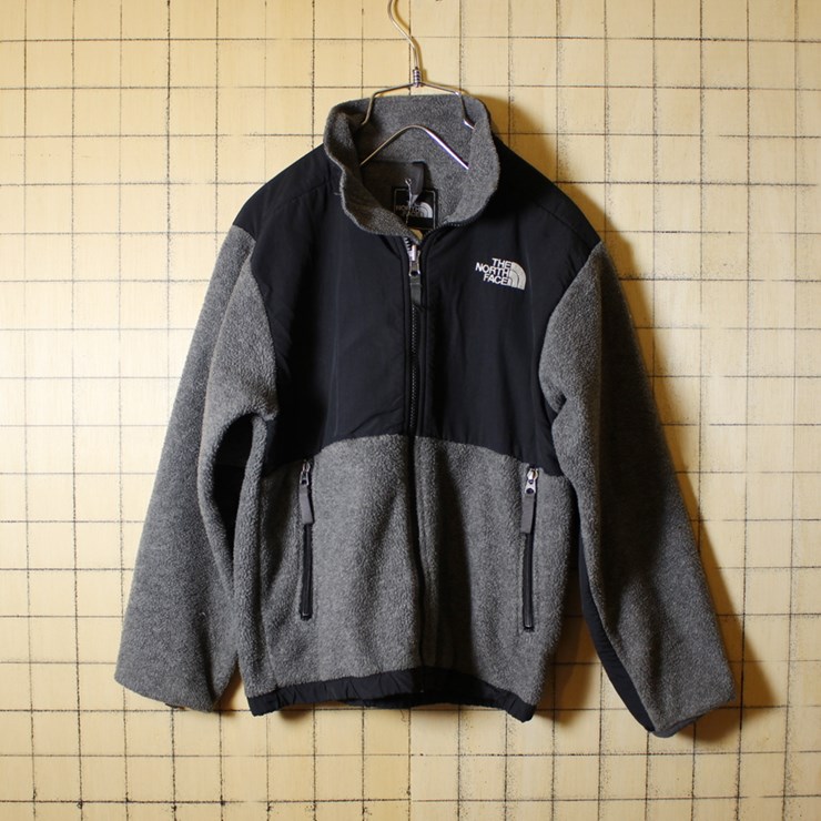 古着 ノースフェイス THE NORTH FACE グレー ブラック フリース ジップアップ デナリジャケット ボーイズM レディースS相当 アウトドア