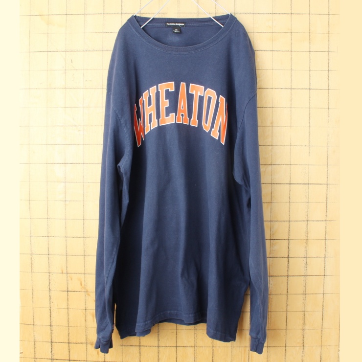 ビッグサイズ USA製 The Cotton Exchange WHEATON プリント 長袖 Tシャツ ロンT ネイビー ブルー メンズ2XL アメリカ古着