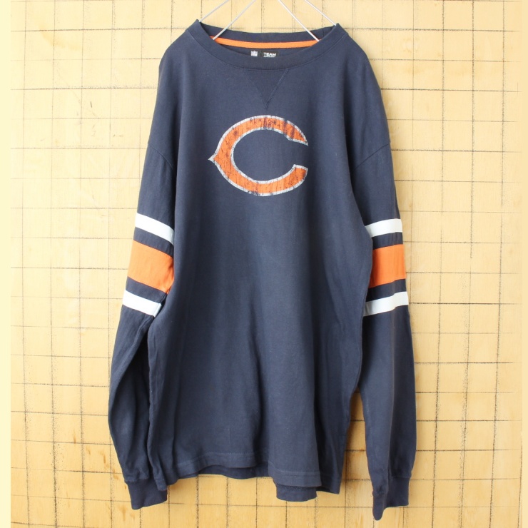 USA NFL Chicago Bears プリント 長袖 Tシャツ ロンT ネイビー ブルー メンズM アメリカ古着