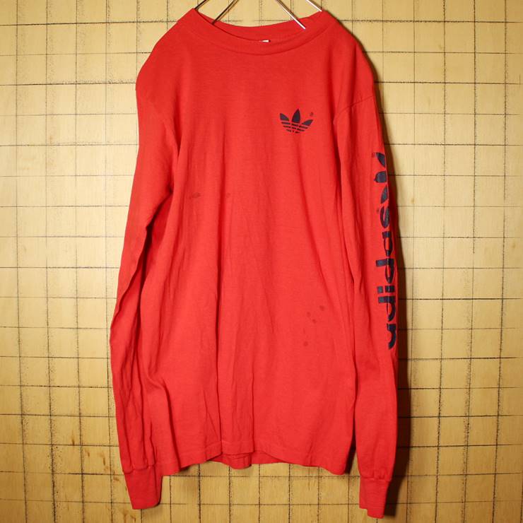 80s USA製 adidas アディダス 長袖 Tシャツ レッド 赤 メンズL トレフォイル ワンポイント ロンT 古着