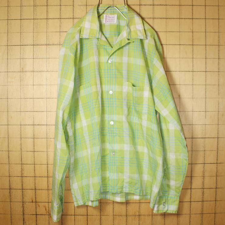 60s 70s Penneys オープンカラー 長袖 ボックスシャツ ライトグリーン メンズM チェック 開襟 ビンテージ 古着