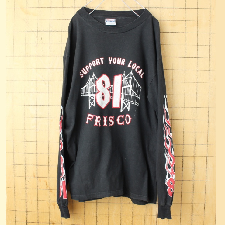 90s USA Hanes FRISCO CHOPPERS フリスコチョッパーズ プリント 長袖 Tシャツ ロンT ブラック メンズL アメリカ古着