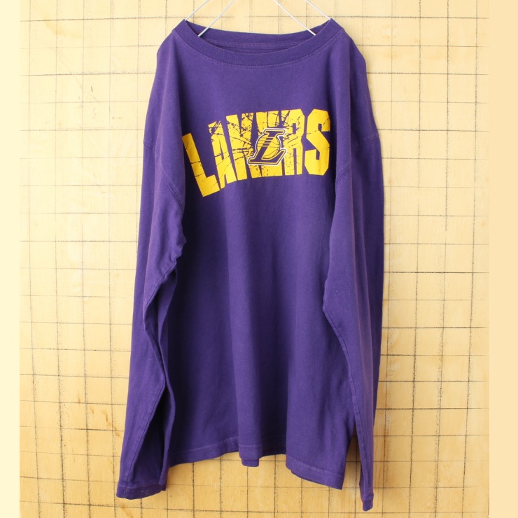 USA NBA LAKERS レイカーズ プリント 長袖 Tシャツ ロンT パープル メンズXL アメリカ古着