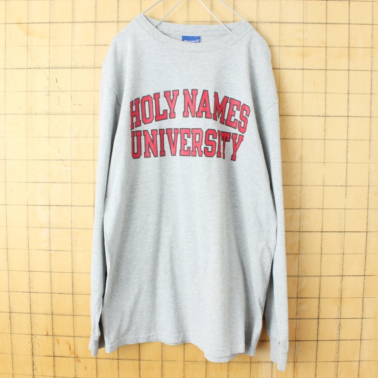 90s 00s USA champion チャンピオン HOLY NAMES UNIVERSITY プリント 長袖 Tシャツ ロンT グレー メンズM アメリカ古着