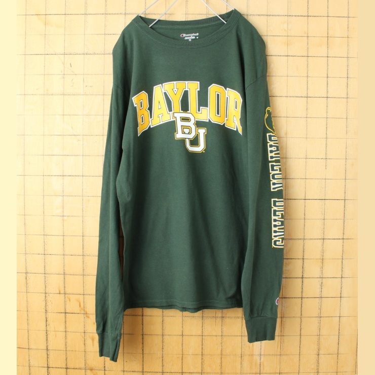 90s 00s USA champion チャンピオン BAYLOR プリント 長袖 Tシャツ ロンT グリーン メンズM アメリカ古着