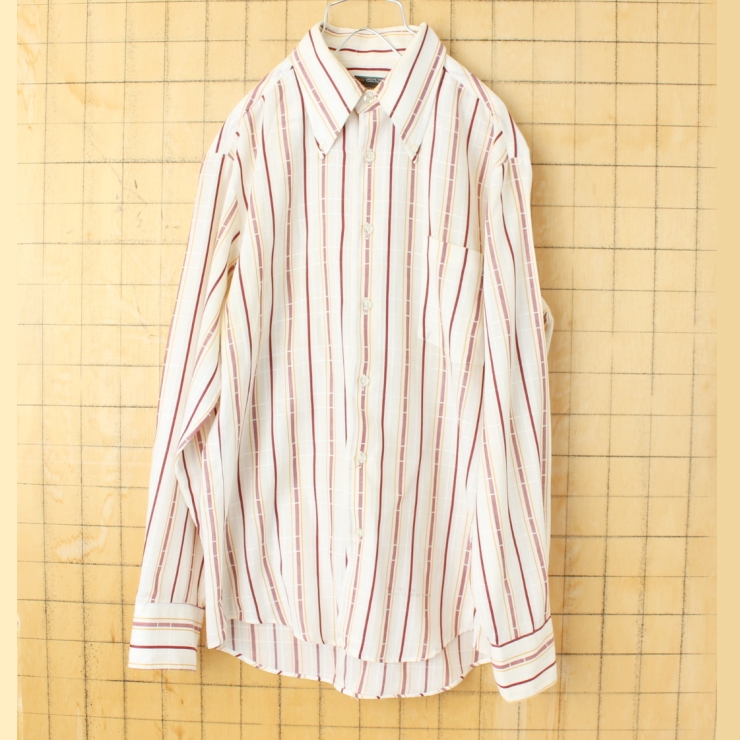 70s 80s USA JCPenney ストライプボタンダウンシャツ ホワイト メンズM 長袖 アメリカ古着