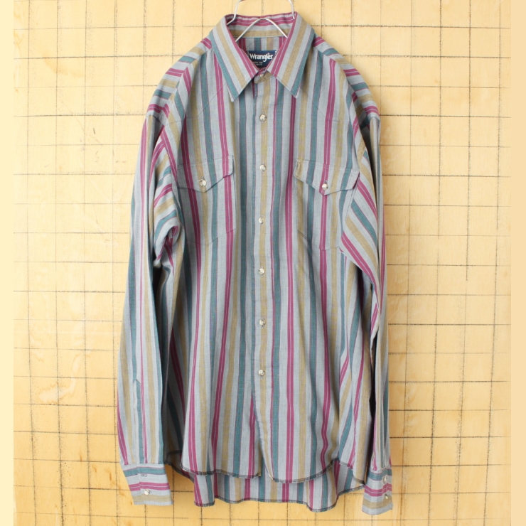 70s 80s USA製 Wrangler ラングラー ストライプウエスタンシャツ グレー メンズL相当 長袖 アメリカ古着