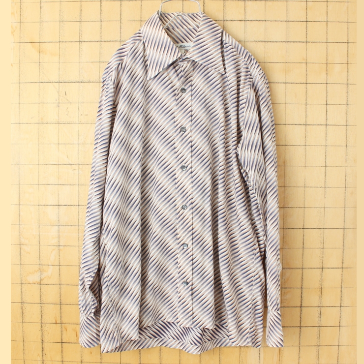 70s 80s USA Bill Blass 総柄ライトフランネルシャツ ネイビー ベージュ メンズL 長袖 アメリカ古着
