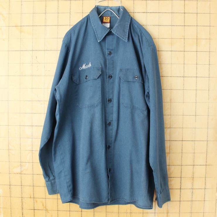 80s 90s USA BIG BEN 長袖 ワークシャツ ネイビー ブルー メンズM アメリカ古着