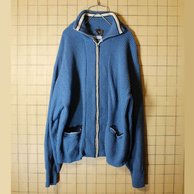 50s-60s INDIAN Sportswear ウール ニット ジップアップ カーディガン メンズL相当 ビンテージ ブルー TALON 古着