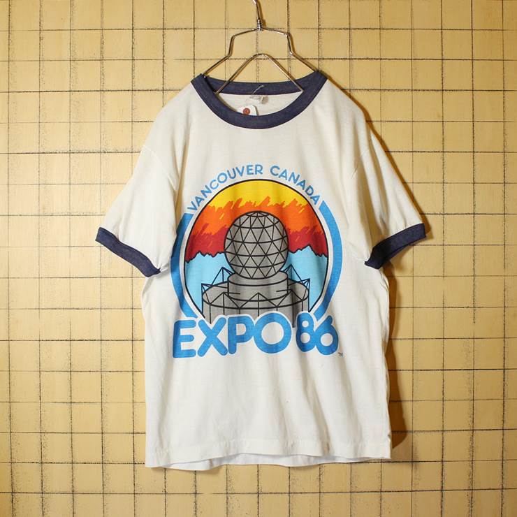 80s 古着 VANCOUVER CANADA EXPO86 OFFICIAL プリント 半袖 Tシャツ リンガー メンズSM相当 ホワイト