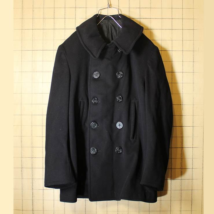 1930s-40s Pコート US NAVY NAVAL CLOTHING FACTORY 10ボタン 刺繍タグ チンスト メンズMLサイズ相当