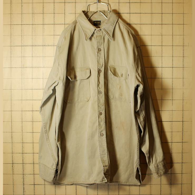 40s-50s MATCHME 長袖 ワーク シャツ マチ付き ベージュ メンズL相当 古着 ビンテージ