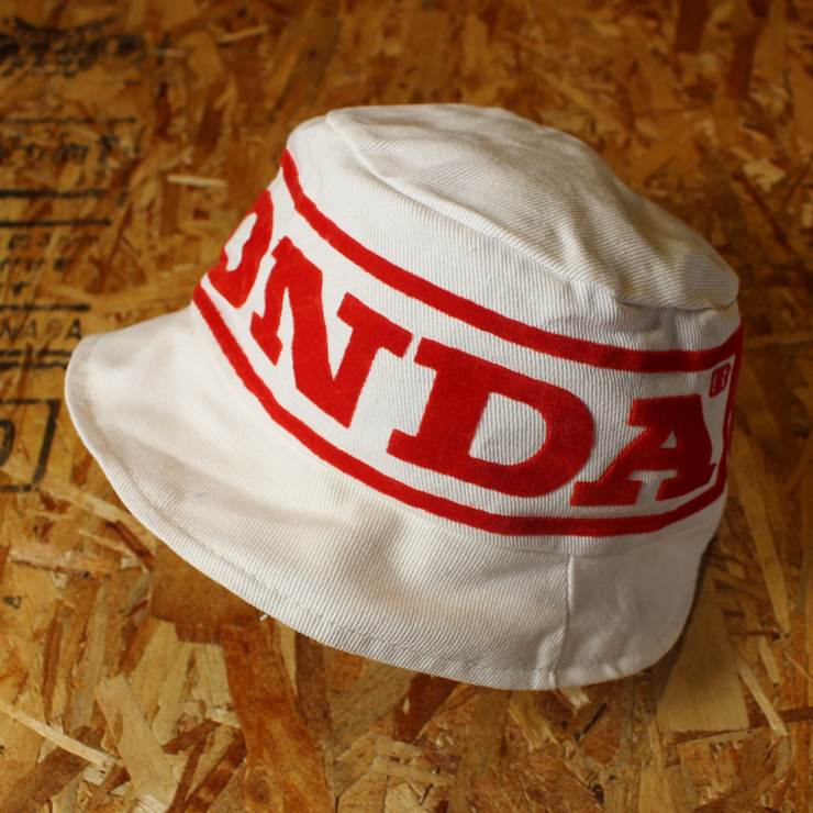 デッドストック HONDA ホンダ ホワイト コットン バケット ハット フロッキープリント 古着 メンズ レディース サファリ 帽子 aw52