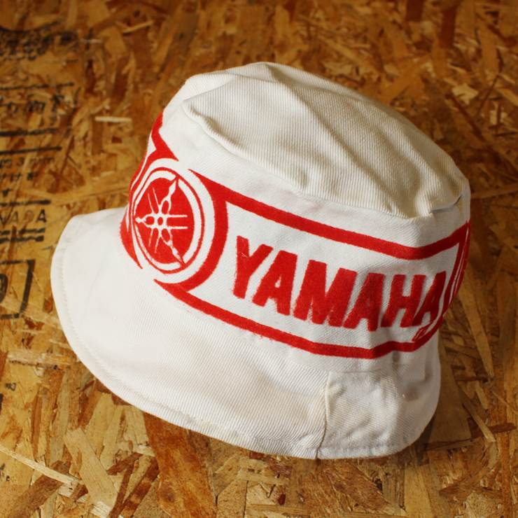 デッドストック YAMAHA ヤマハ ホワイト コットン バケット ハット フロッキープリント 古着 メンズ レディース サファリ 帽子 aw59
