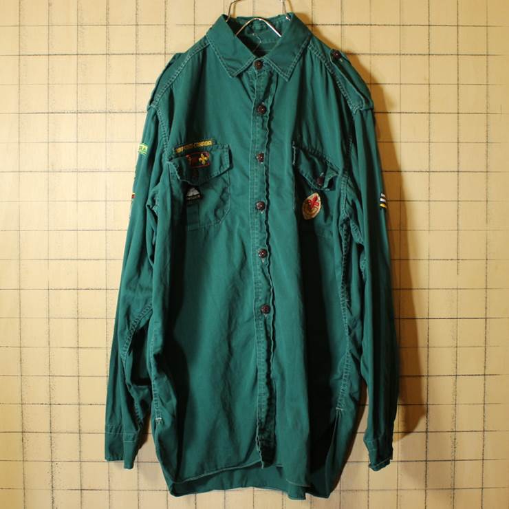 60s BOY SCOUTS-CANADA コットン ワーク シャツ 長袖 メンズL相当 グリーン ビンテージ 古着 ボーイスカウト