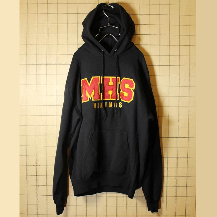 Hanes アメリカ古着 プリント スウェットパーカー ブラック メンズM トレーナー MHS VIKINGS