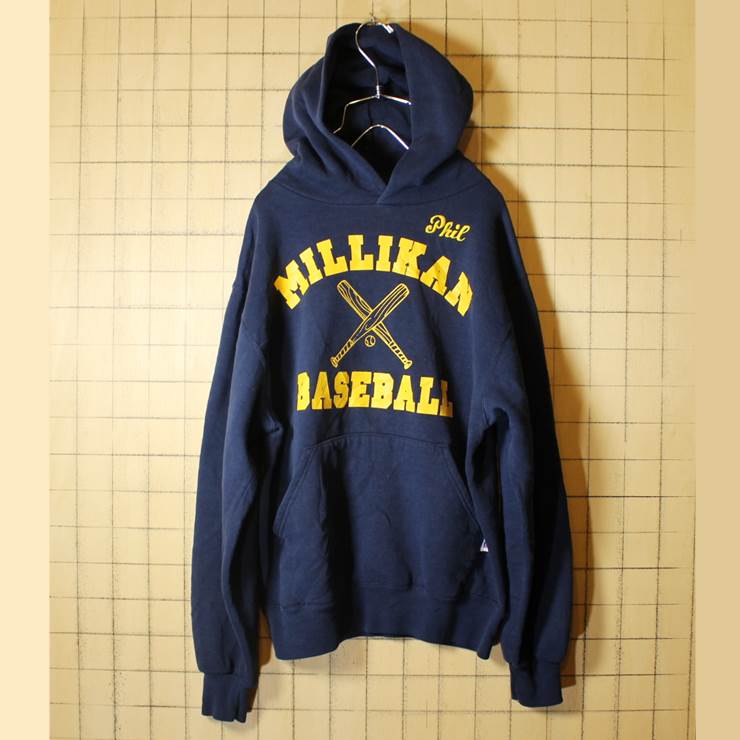 RUSSELL ATHLETIC USA製 古着 プリント スウェットパーカー ネイビー メンズS トレーナー MILLIKAN BASEBALL ラッセルアスレチック