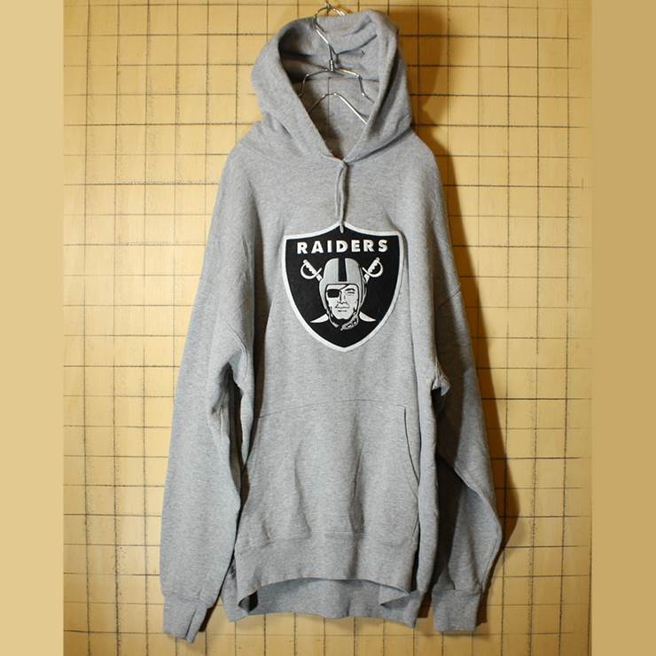 NFL RAIDERS オークランド・レイダーズ 古着 ワッペン スウェットパーカー 杢グレー メンズXL相当 トレーナー ビッグサイズ