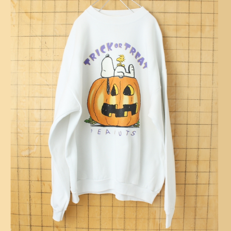 80s 90s USA BLITZZ PEANUTS TRICK OR TREAT スヌーピープリントスウェット ホワイト メンズXL アメリカ古着