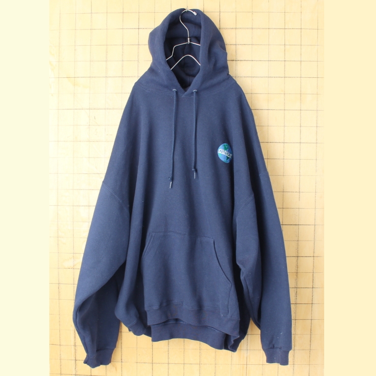 ビッグサイズ USA FRUIT OF THE LOOM 刺繍 スウェットパーカー ネイビーブルー メンズ3XL フーディー アメリカ古着