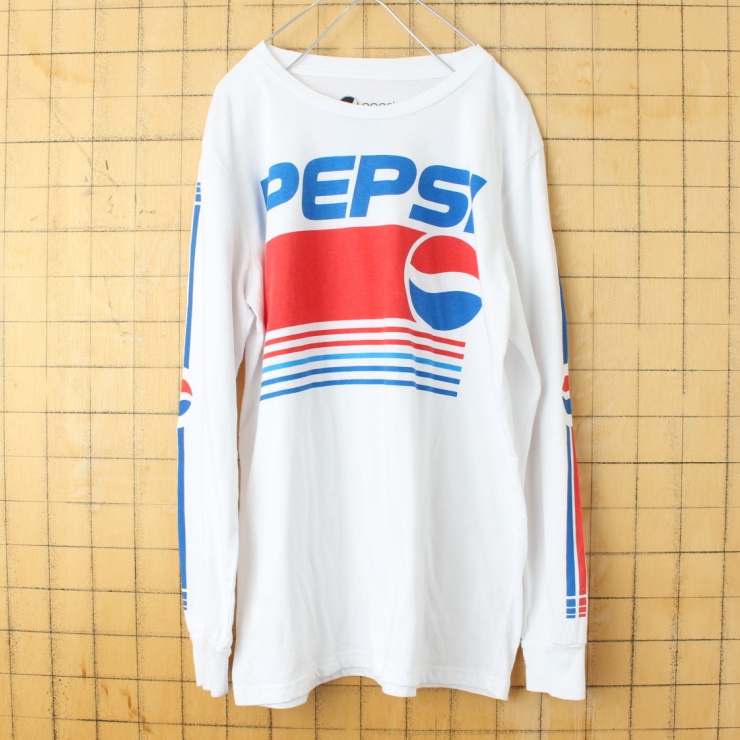 USA PEPSI ペプシ プリント 長袖 Tシャツ ロンT ホワイト メンズS アメリカ古着