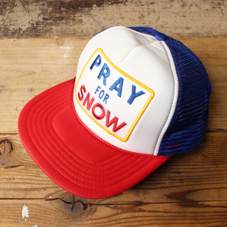 USA メッシュキャップ 帽子 PRAY FOR SNOW ブルー レッド ワッペン フリーサイズ アメリカ古着