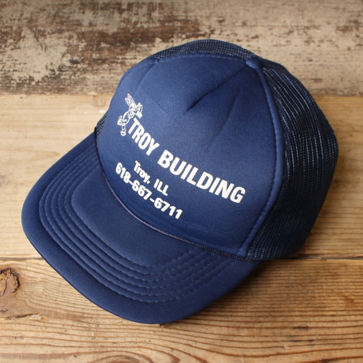 USA メッシュキャップ 帽子 TROY BUILDING ネイビー ブルー フリーサイズ アメリカ古着