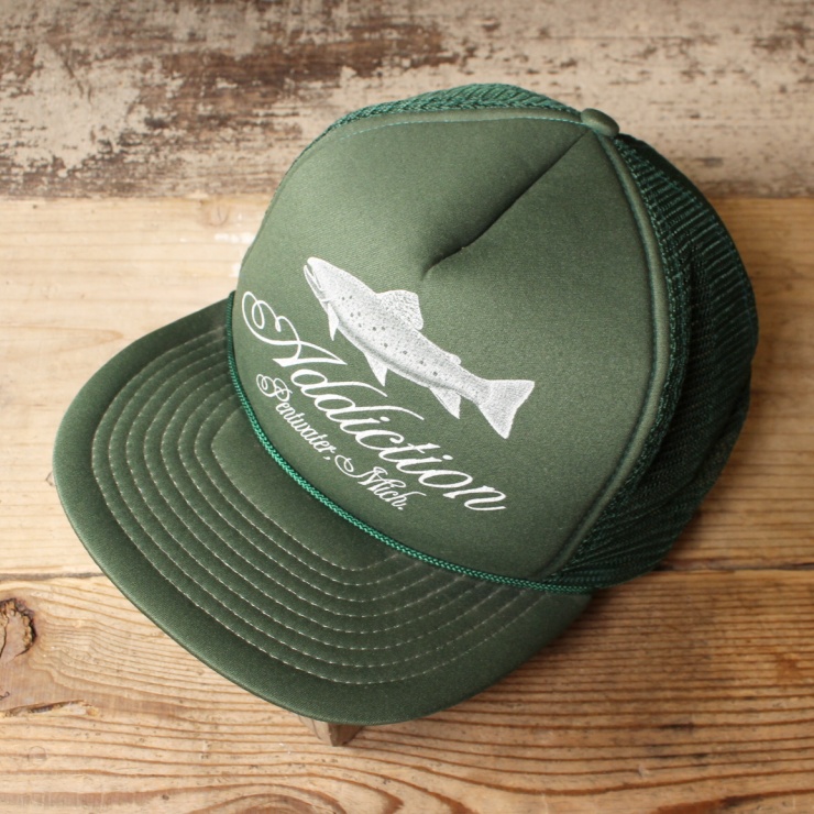 USA メッシュキャップ 帽子 サーモン プリント グリーン 緑 フリーサイズ アメリカ古着