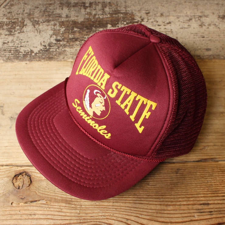 USA メッシュキャップ 帽子 FLORIDA STATE インディアン プリント ボルドー レッド 赤 フリーサイズ アメリカ古着