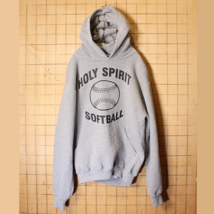 RUSSELL ATHLETIC HOLY SPIRI SOFTBALL 両面プリント スウェットパーカー グレー メンズS フーディー ラッセルアスレティック アメリカ古着