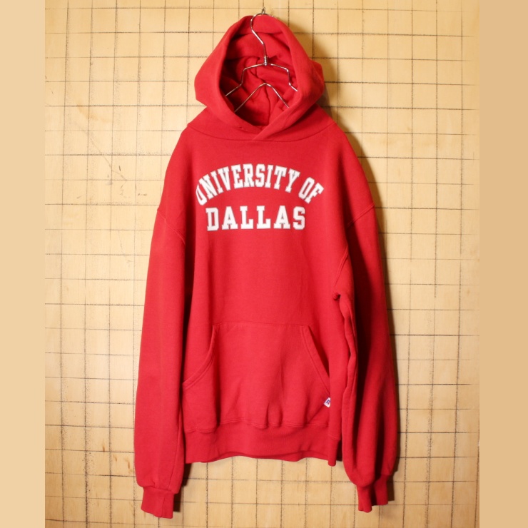 RUSSELL ATHLETIC UNIVERSITY OF DALLAS プリント スウェットパーカー レッド メンズS フーディー ラッセルアスレティック アメリカ古着