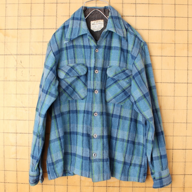 60s 70s USA Woolshire ウール チェック オープンカラー シャツ 長袖 ブルー メンズM アメリカ古着