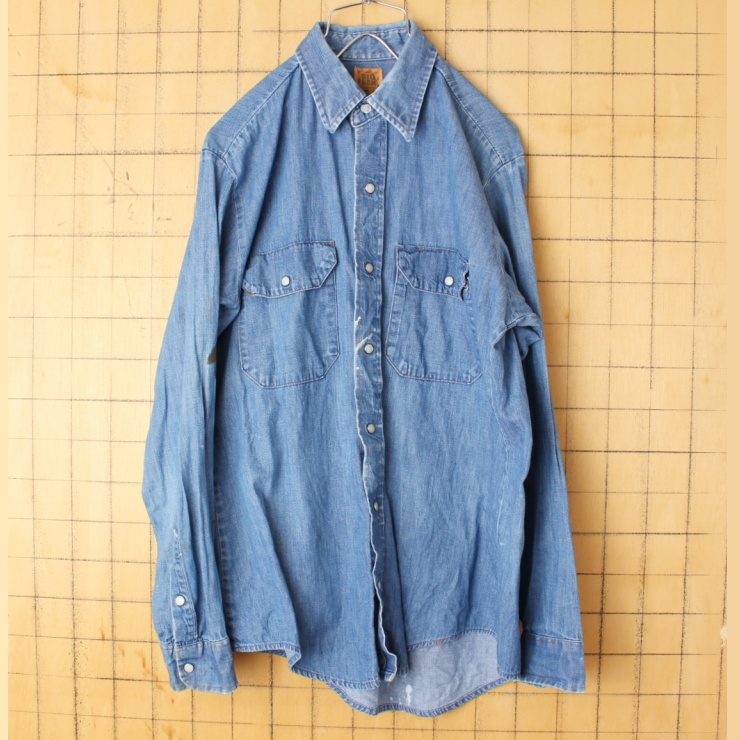 70s 80s USA製 Wrangler BIG BEN 長袖 デニム ワーク シャツ ブルー メンズM相当 ラングラー アメリカ古着