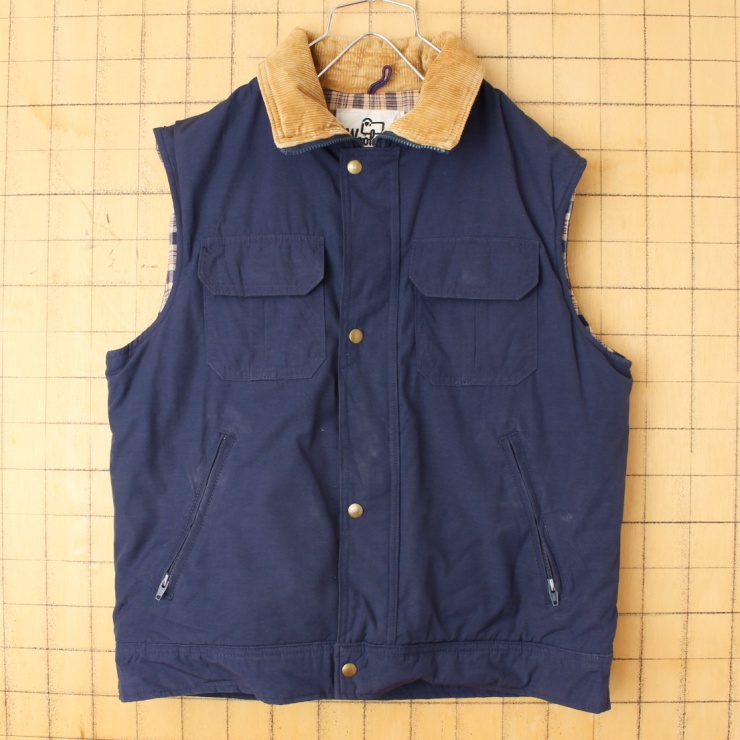 70s 80s USA製 Woolrich ウールリッチ 中綿 ベスト メンズL ネイビー コーデュロイ アウトドア アメリカ古着