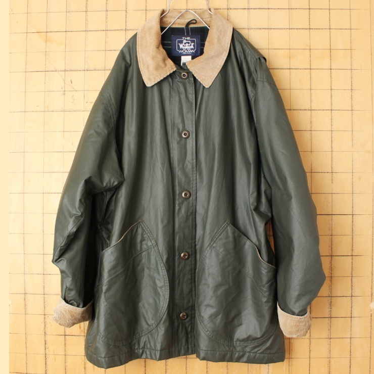 70s 80s USA製 Woolrich ウールリッチ レイン コート レディースL カーキ グリーン アウトドア ジャケット アメリカ古着