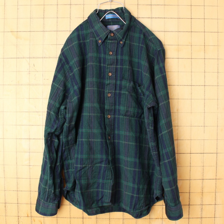 70s 80s USA製 PENDLETON ペンドルトン ウール チェック ボタンダウン シャツ 長袖 グリーン メンズL アメリカ古着