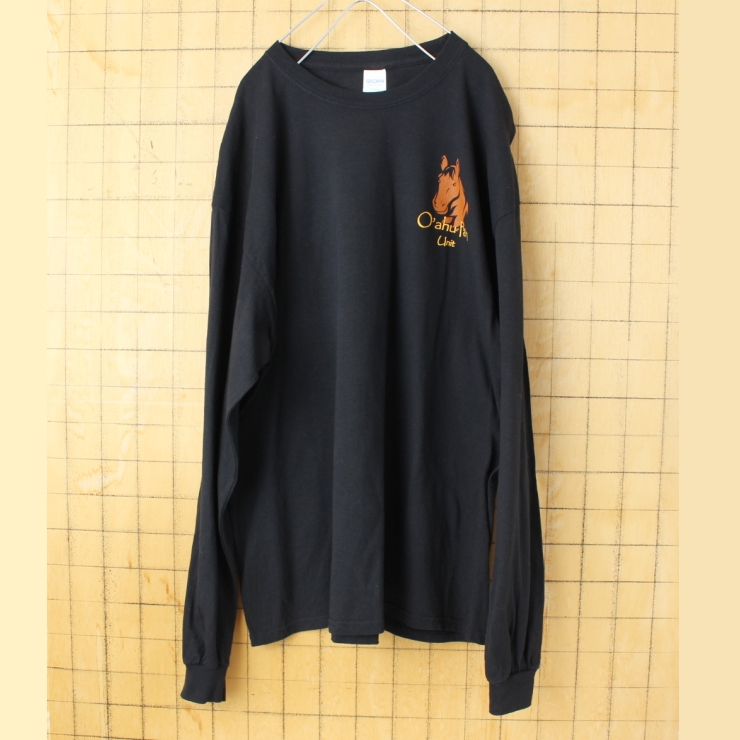 USA GILDAN ウマ両面プリント長袖Tシャツ ロンT ブラック メンズXL アメリカ古着