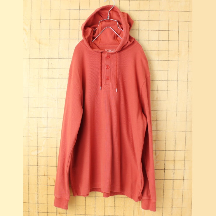 USA LLBean ヘンリーネックサーマルTシャツ フード付 長袖 ロンT レッド メンズL ワッフル パーカー アメリカ古着