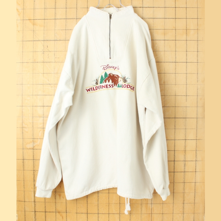 90s USA製 Disney originals WILDERNESS LODGE 長袖プルオーバーシャツ メンズXL オフホワイト ハーフジップ アメリカ古着