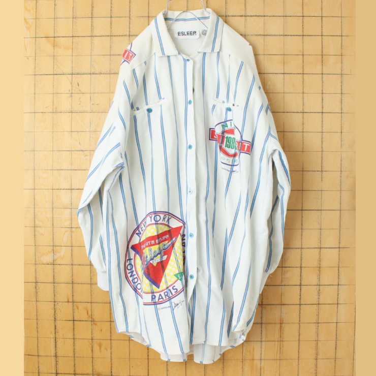 90s USA ESLEEP 長袖ストライプシャツ レディース ホワイト 総柄 アメリカ古着