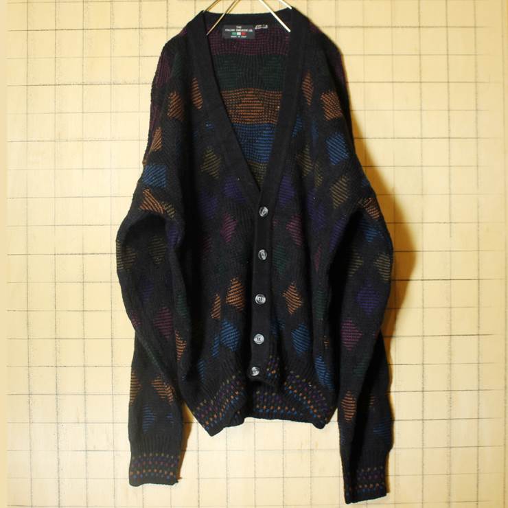 イタリア製 ウールニット カーディガン メンズL相当 総柄 ブラック ヨーロッパ古着 THE ITALIAN SWEATER CO