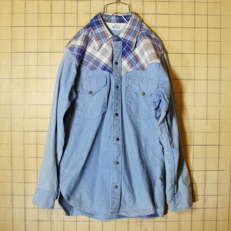 70s USA製 Woolrich ウールリッチ シャモアクロス シャツ メンズM相当 ライトブルー ヨーク切り替え ウエスタン 古着