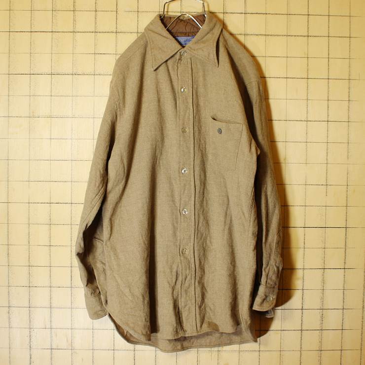 70s USA製 PENDLETON ペンドルトン ウール シャツ ベージュ 長袖 メンズM 古着