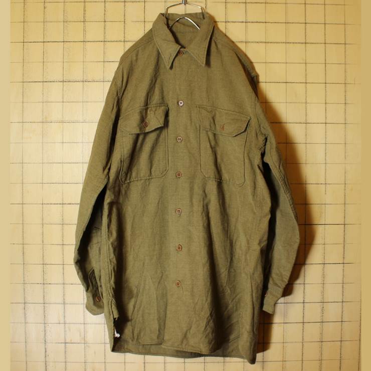 50s US.ARMY ミリタリー ウール シャツ グリーン マチ付き メンズM相当 古着 vintage ヴィンテージ