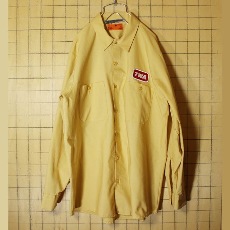 USA製 ワーク シャツ ワッペン イエロー メンズL 長袖 TWA トランスワールド航空 古着 091319aw61